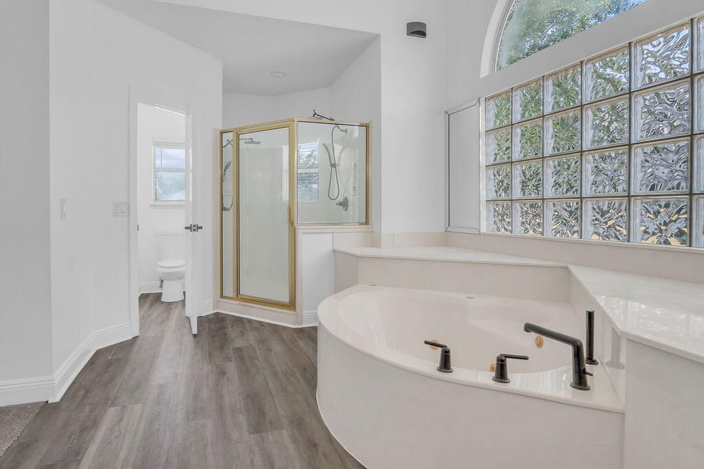 Bathroom, Free Standing Baths, Glass Shower, Interior, Wood Texture Flooring