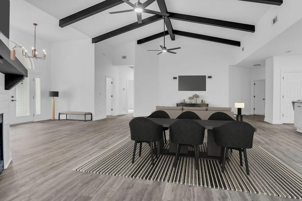 Dining room, Interior, Pendant Lights, Wooden Beams, Wood Texture Flooring