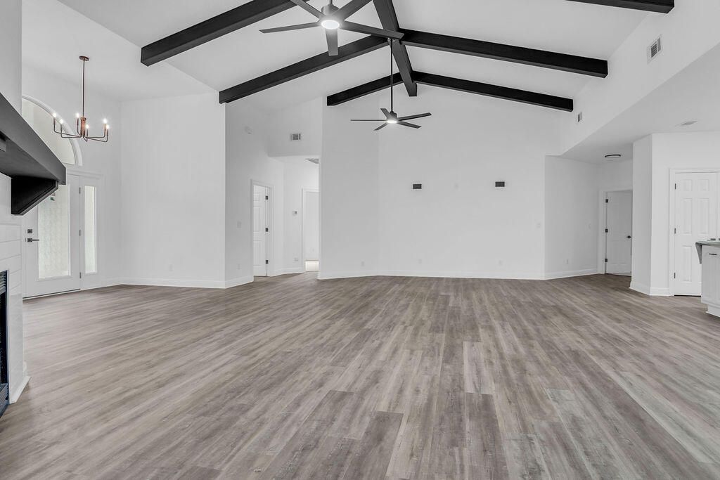 Empty room, Interior, Pendant Lights, Wooden Beams, Wood Texture Flooring