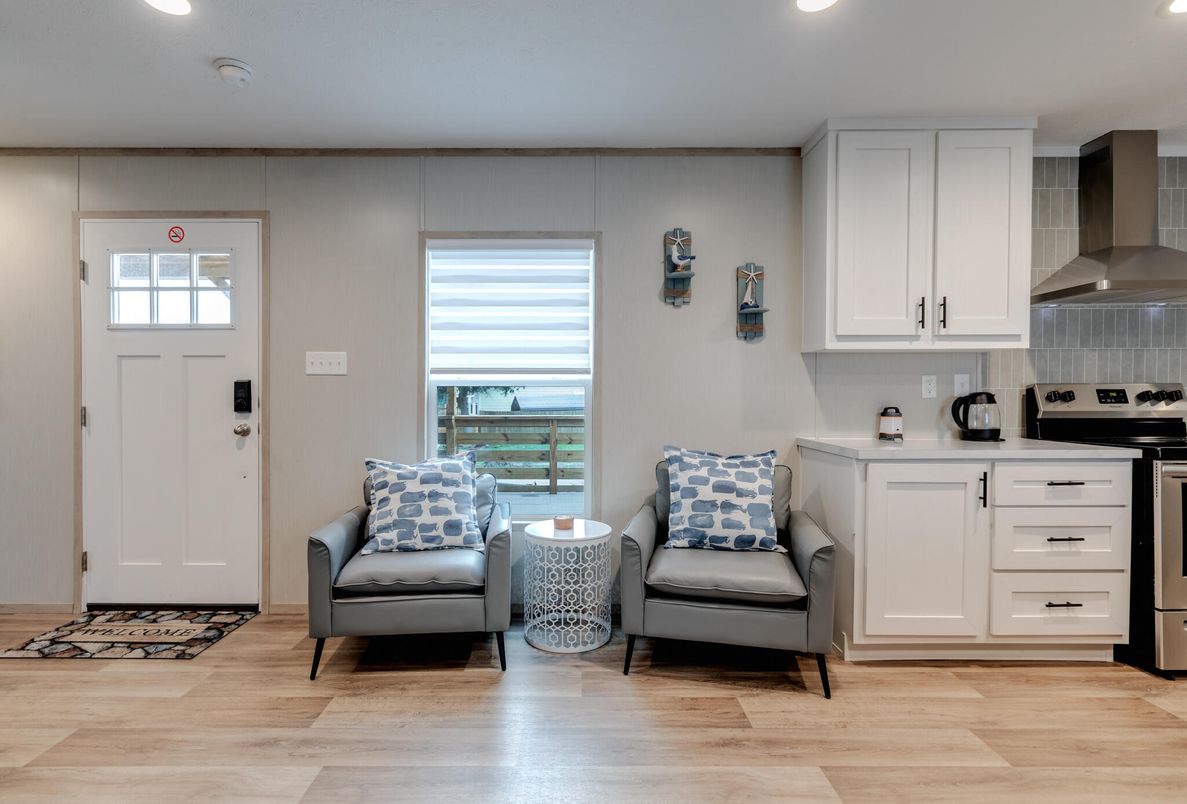 Interior, Kitchen, Recessed Lighting, Stainless Steel Appliances, Water, Wood Texture Flooring