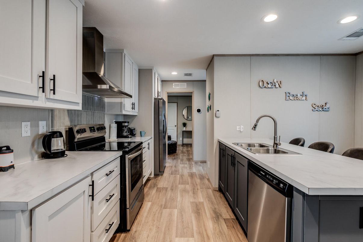 Interior, Kitchen, Recessed Lighting, Stainless Steel Appliances, Wood Texture Flooring