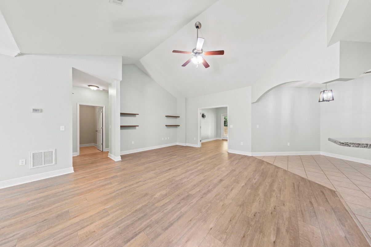 Empty room, Interior, Pendant Lights, Wood Texture Flooring
