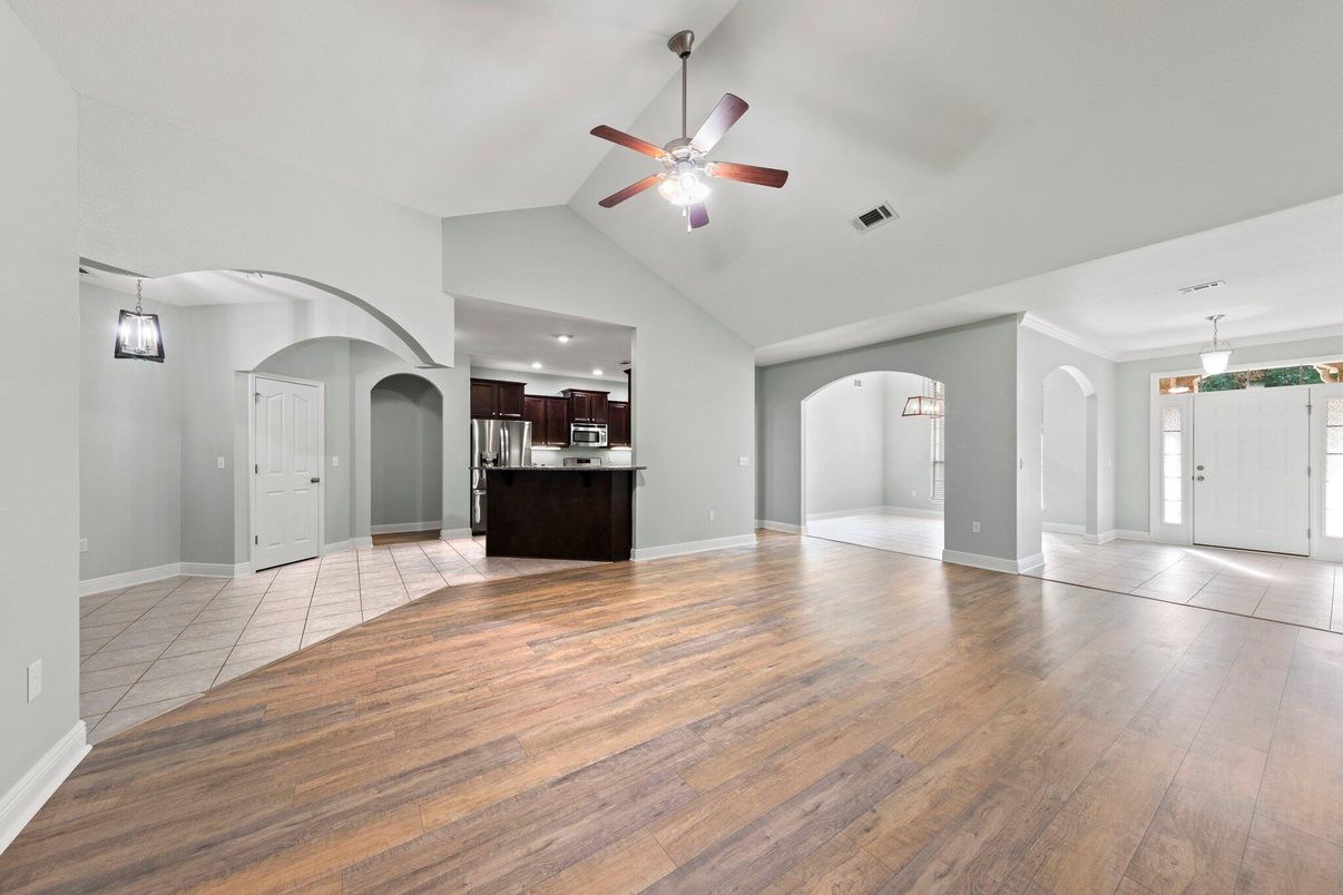 Empty room, Interior, Kitchen, Pendant Lights, Recessed Lighting, Wood Texture Flooring