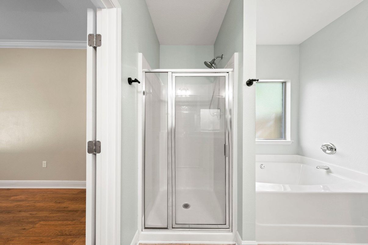 Bathroom, Glass Shower, Interior, Wood Texture Flooring