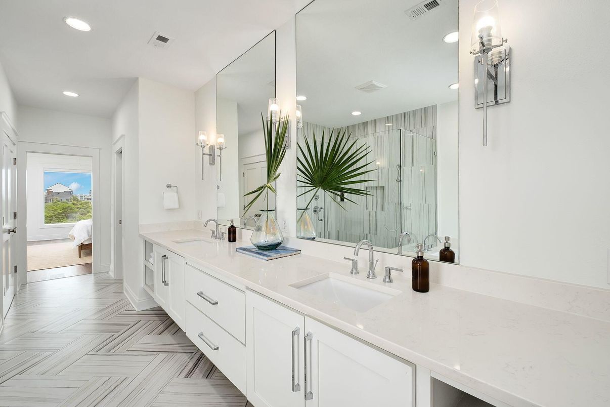 Bathroom, Dual Sink Vanities, Glass Shower, Interior, Marble, Recessed Lighting