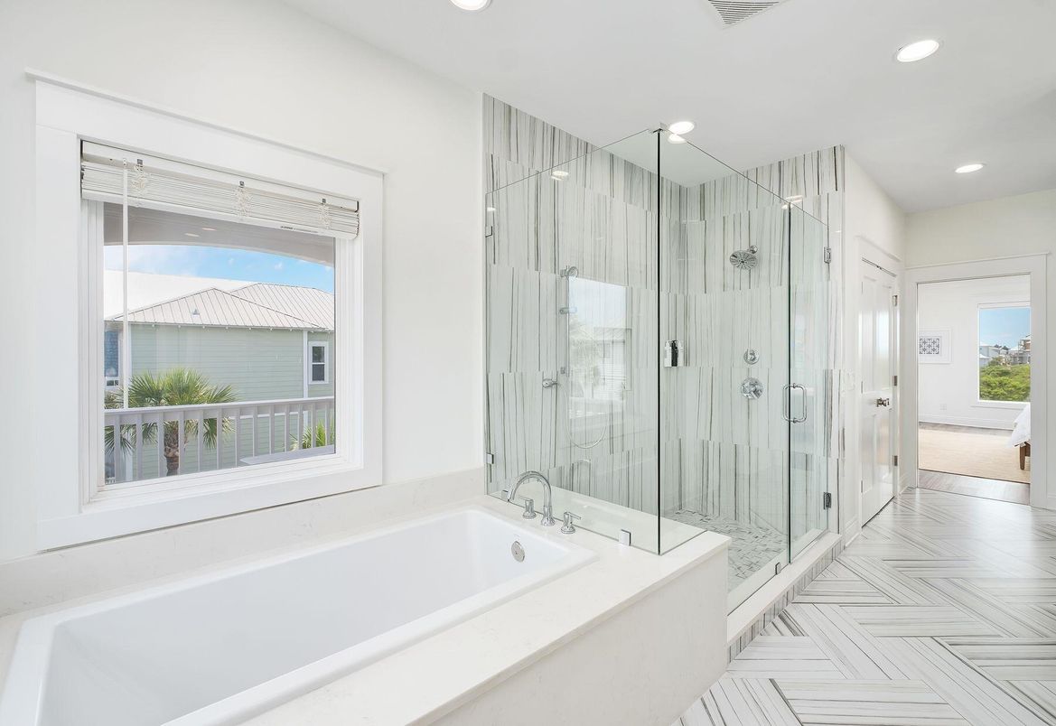 Bathroom, Glass Shower, Interior, Marble, Recessed Lighting