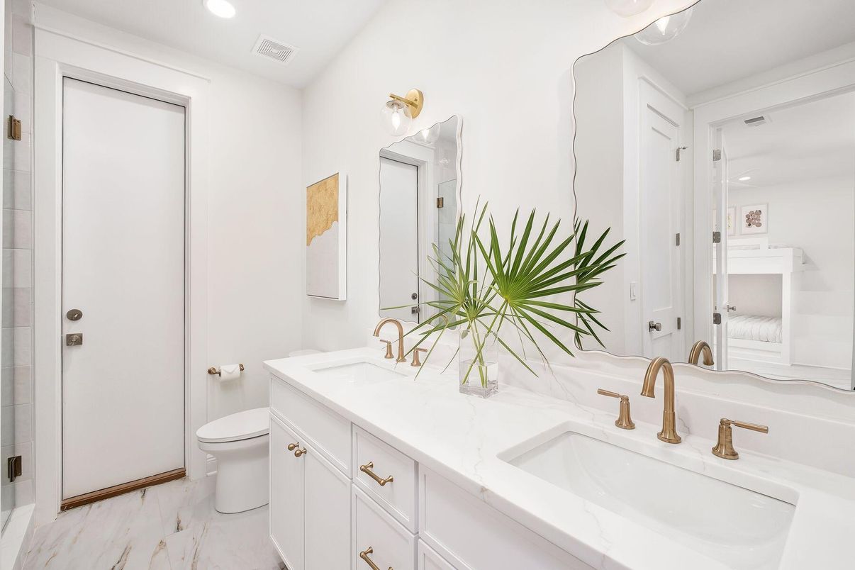 Bathroom, Dual Sink Vanities, Interior, Marble, Recessed Lighting