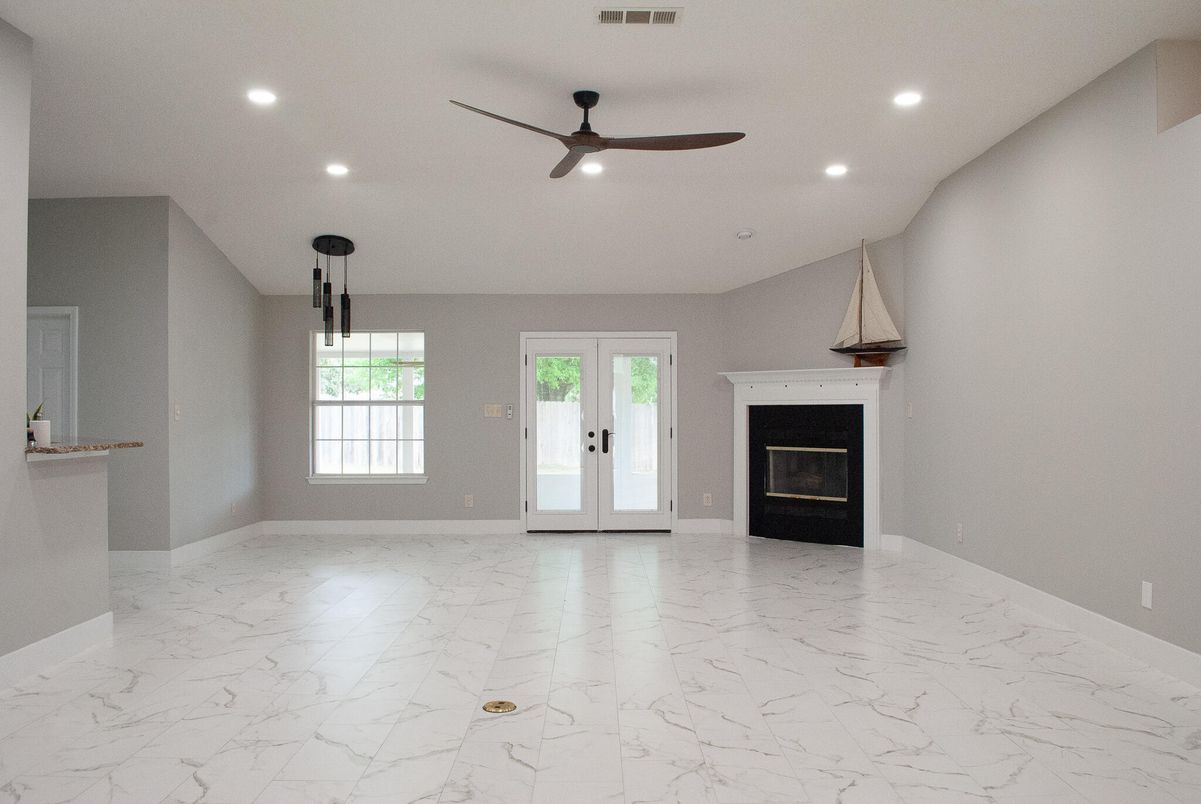 Empty room, Fireplace, Interior, Marble, Recessed Lighting