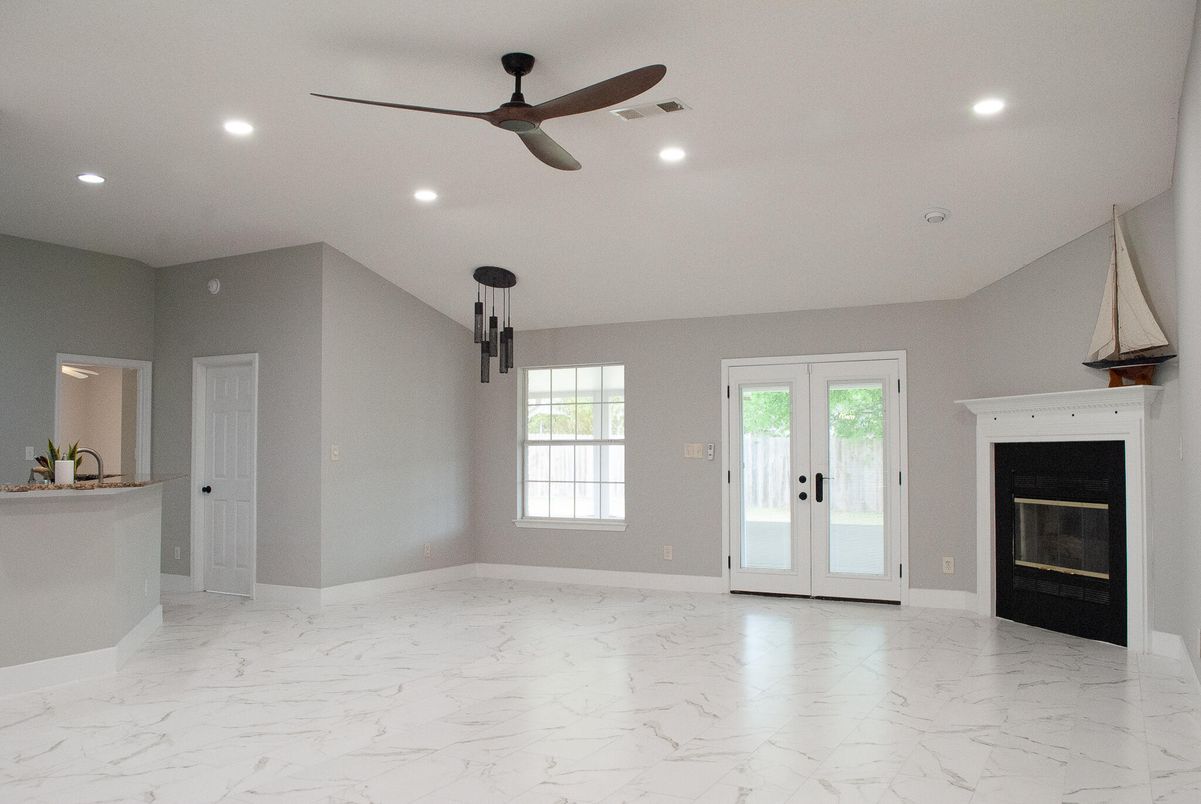 Empty room, Fireplace, Interior, Marble, Pendant Lights, Recessed Lighting