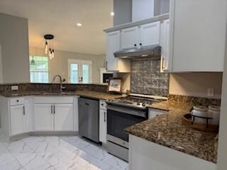 Interior, Kitchen, Marble, Pendant Lights, Recessed Lighting, Stainless Steel Appliances