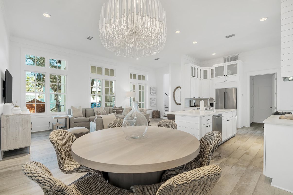 Chandelier, Dining room, Interior, Kitchen, Living room, Recessed Lighting, Stainless Steel Appliances, Wood Texture Flooring