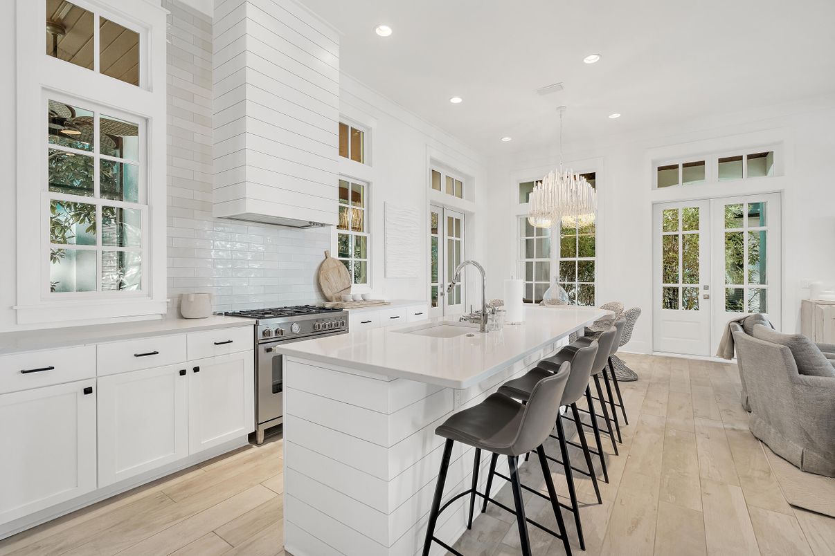 Chandelier, Interior, Kitchen, Pendant Lights, Recessed Lighting, Stainless Steel Appliances, Wood Texture Flooring
