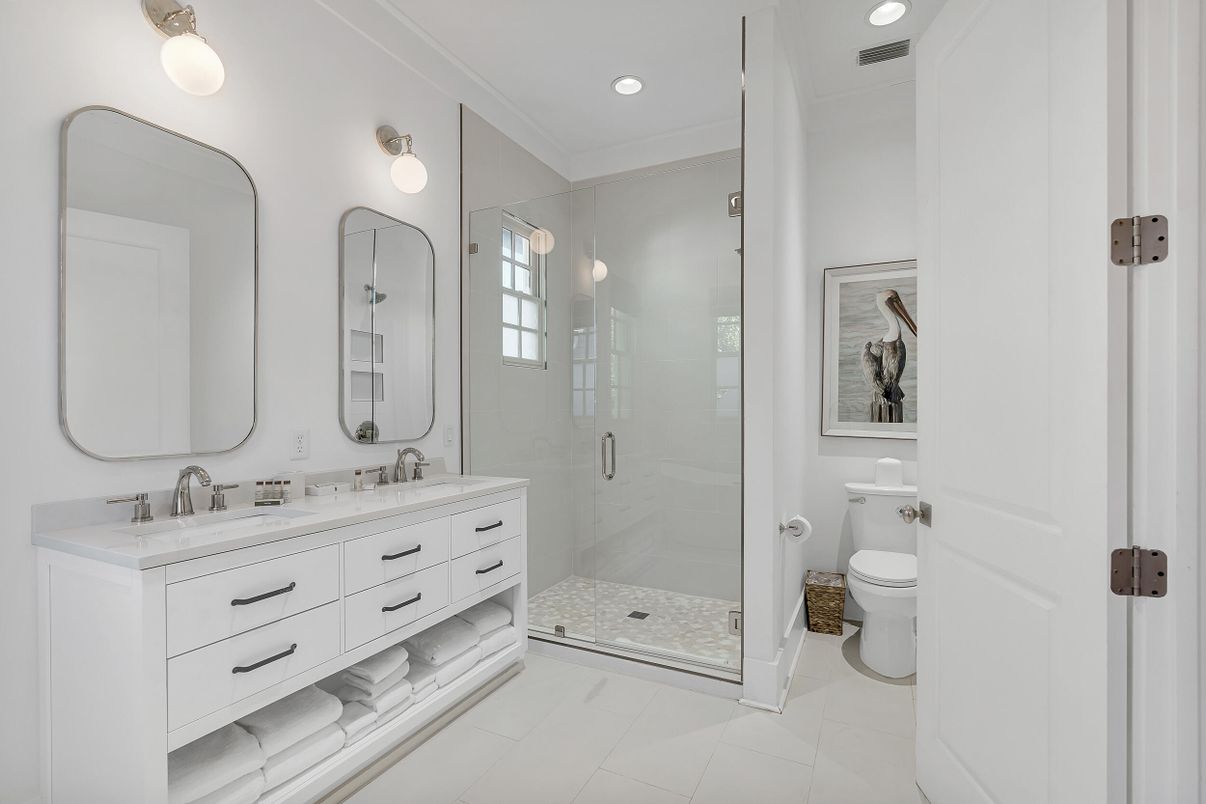 Bathroom, Dual Sink Vanities, Glass Shower, Interior, Recessed Lighting