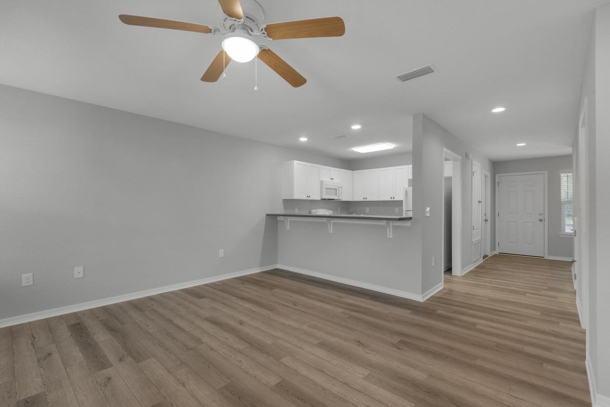 Empty room, Interior, Kitchen, Recessed Lighting, Wood Texture Flooring