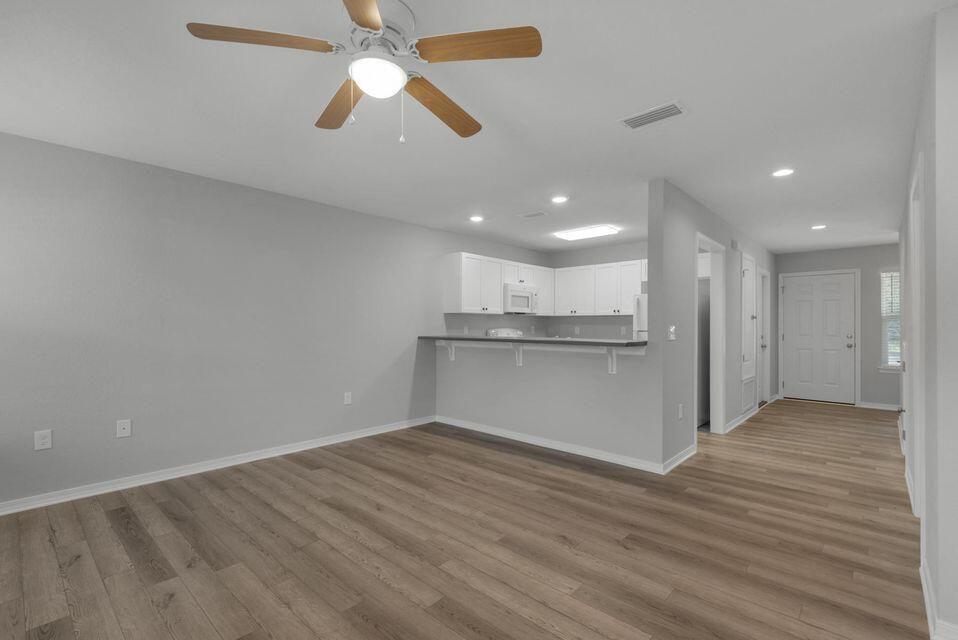 Empty room, Interior, Kitchen, Recessed Lighting, Wood Texture Flooring