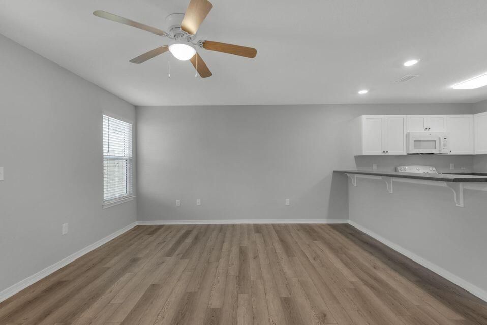 Empty room, Interior, Kitchen, Recessed Lighting, Wood Texture Flooring