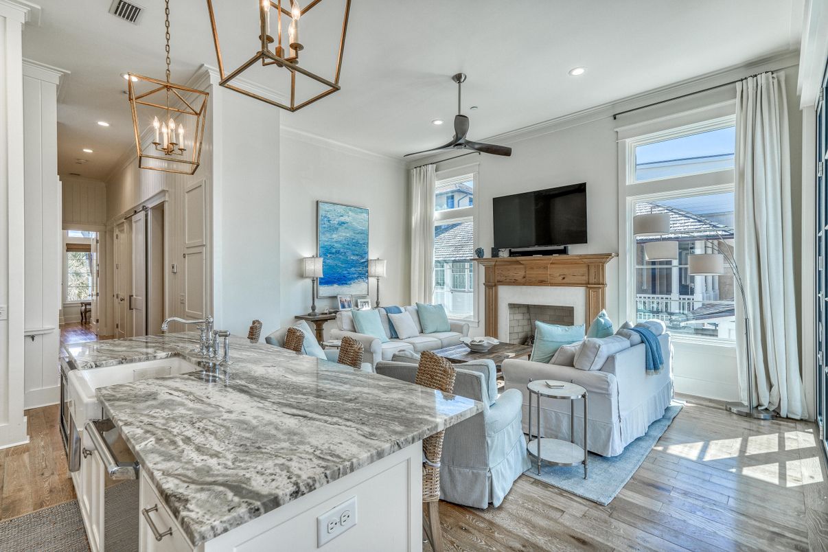 Fireplace, Interior, Kitchen, Living room, Pendant Lights, Recessed Lighting, Wood Texture Flooring