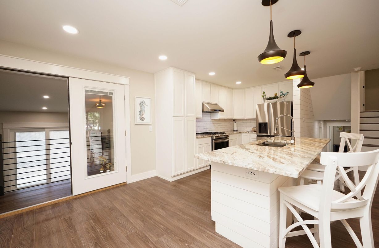 Interior, Kitchen, Pendant Lights, Recessed Lighting, Stainless Steel Appliances, Wood Texture Flooring