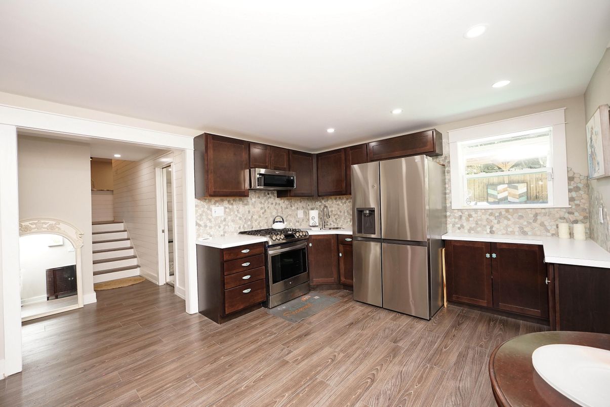 Interior, Kitchen, Recessed Lighting, Stainless Steel Appliances, Wood Texture Flooring