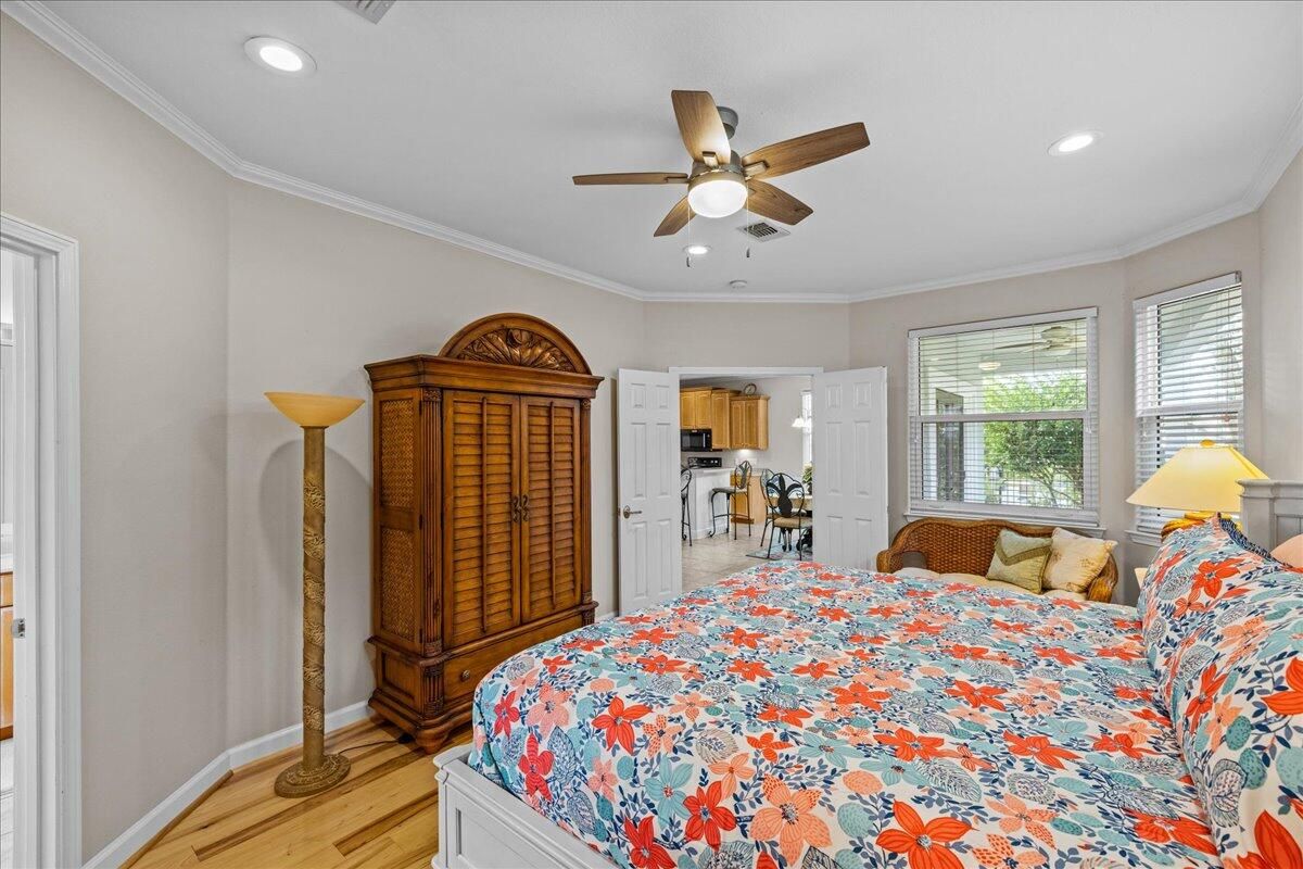 Bedroom, Interior, Recessed Lighting, Wood Texture Flooring