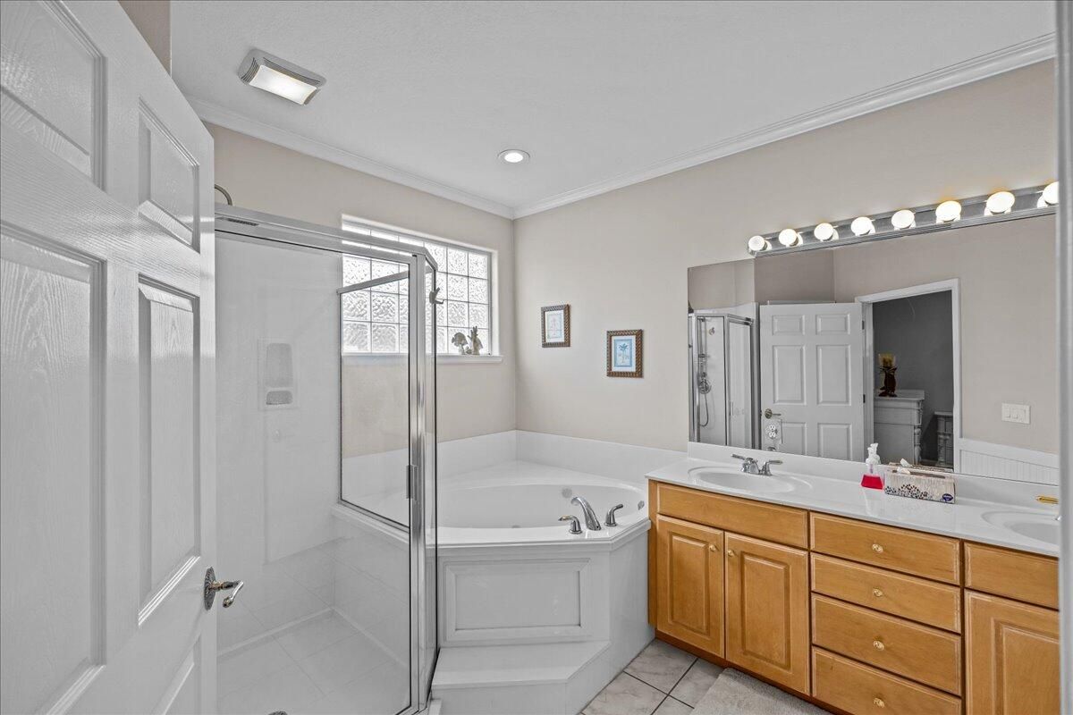 Bathroom, Dual Sink Vanities, Glass Shower, Interior, Recessed Lighting
