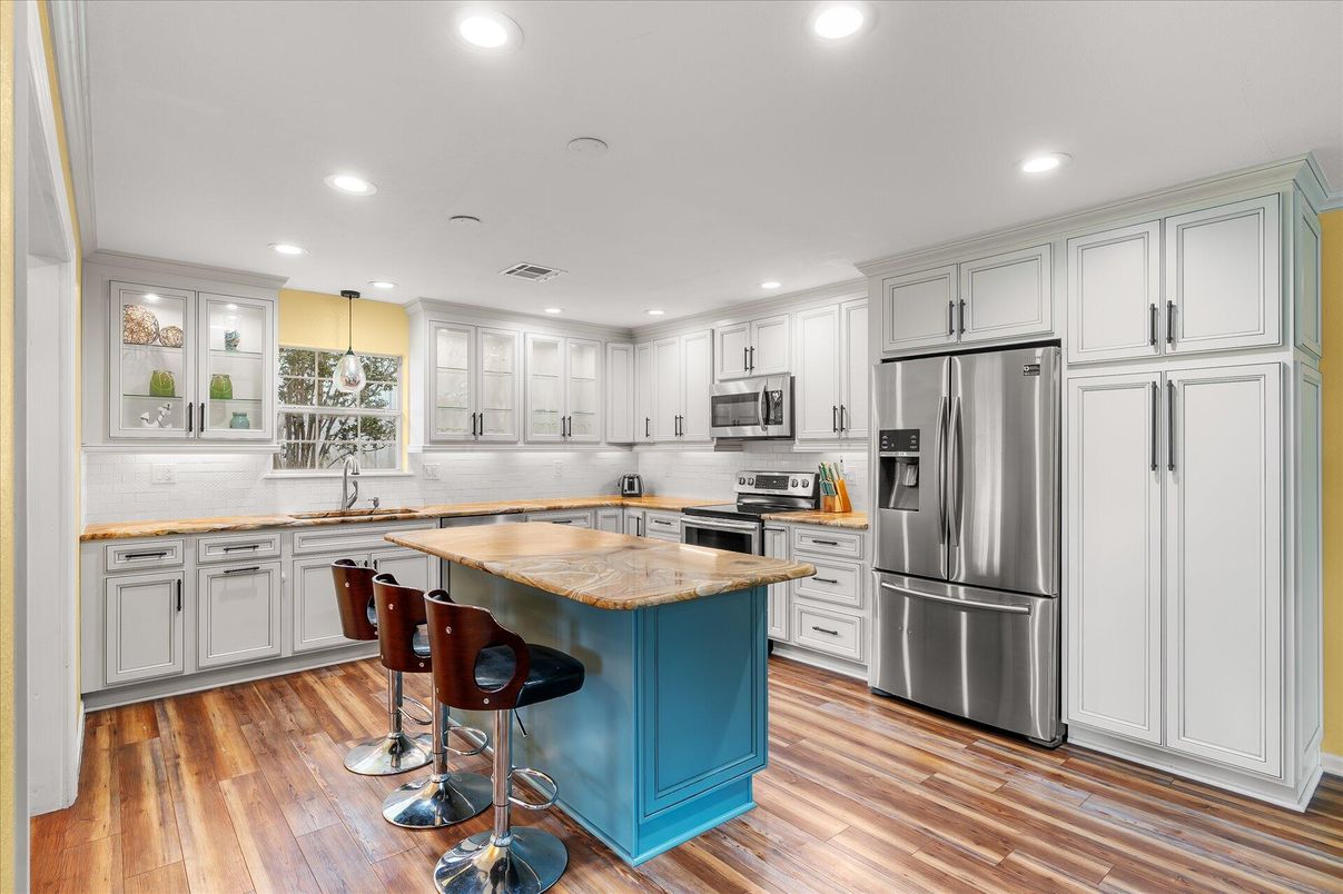 Interior, Kitchen, Recessed Lighting, Stainless Steel Appliances, Wood Texture Flooring