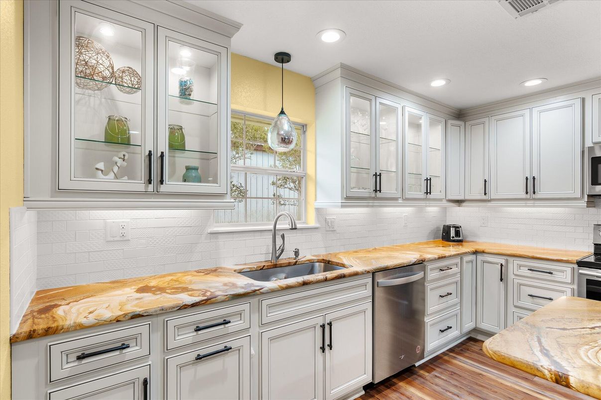 Interior, Kitchen, Pendant Lights, Recessed Lighting, Stainless Steel Appliances, Wood Texture Flooring