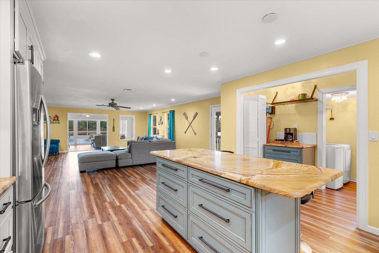 Interior, Kitchen, Living room, Recessed Lighting, Wood Texture Flooring