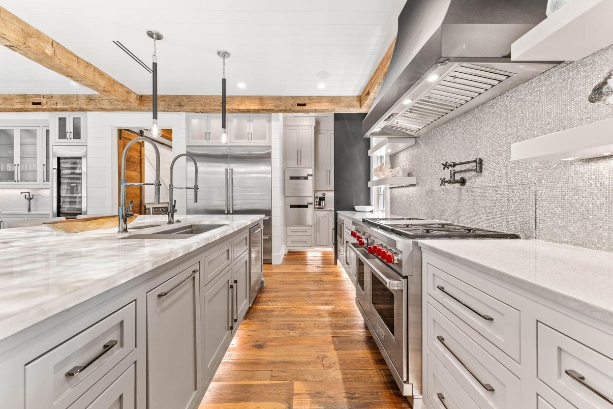 Interior, Kitchen, Pendant Lights, Recessed Lighting, Stainless Steel Appliances, Wood Texture Flooring
