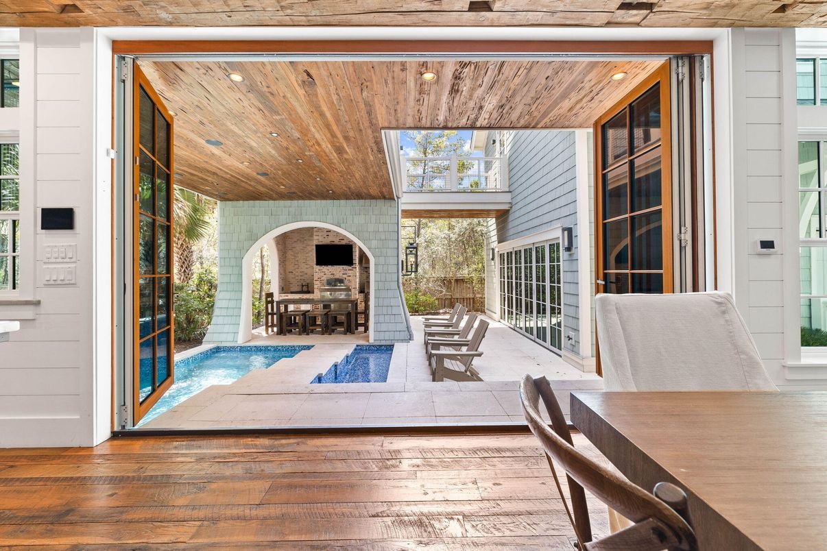 Dining room, Fireplace, Interior, Pool, Recessed Lighting, Wooden Ceilings, Wood Texture Flooring