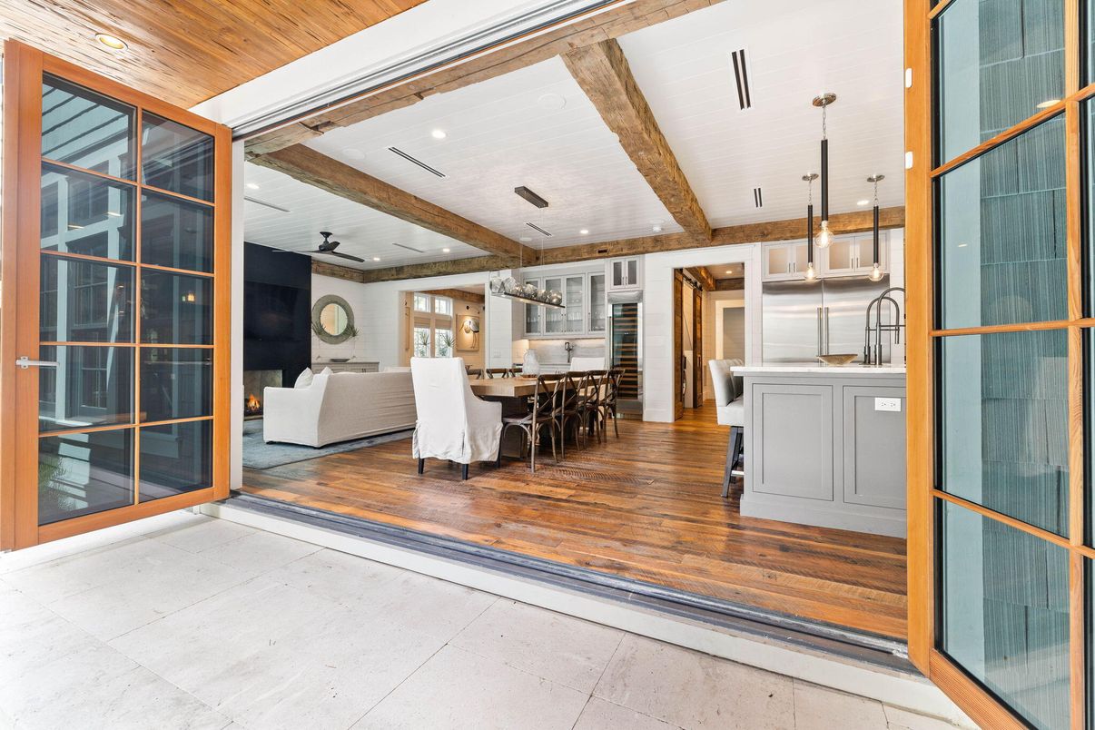 Dining room, Interior, Kitchen, Living room, Pendant Lights, Recessed Lighting, Wooden Beams, Wooden Ceilings, Wood Texture Flooring