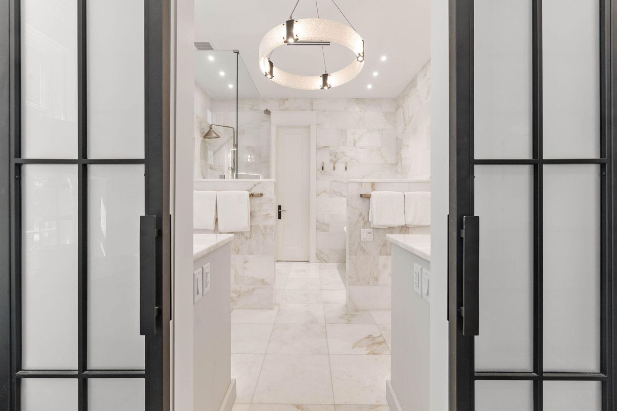Bathroom, Glass Shower, Interior, Marble, Marble Walls, Pendant Lights, Recessed Lighting