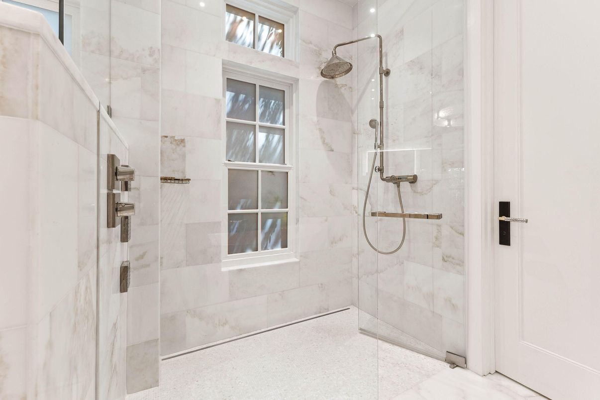 Bathroom, Glass Shower, Interior, Marble Walls, Recessed Lighting