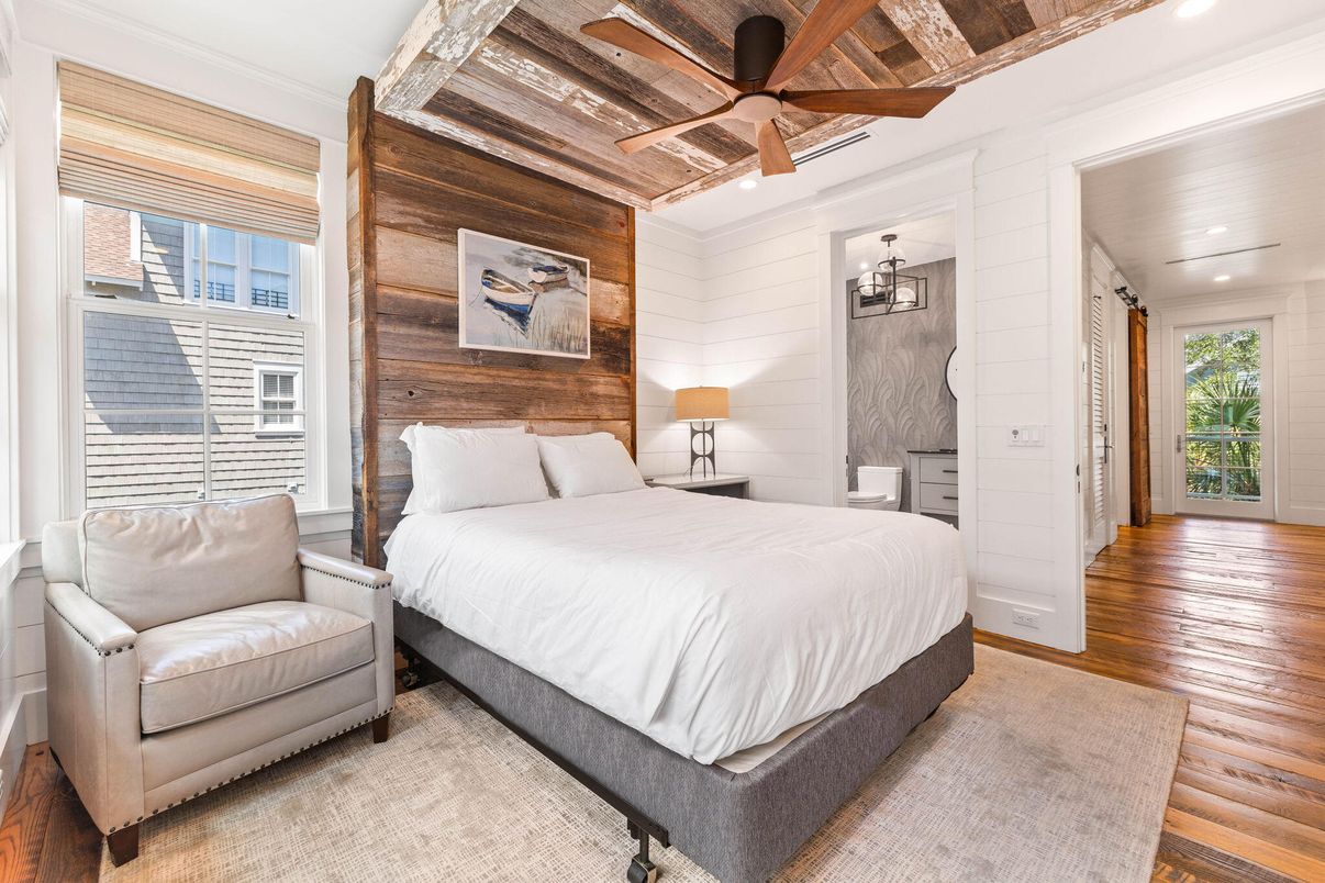 Bedroom, Interior, Recessed Lighting, Wood Texture Flooring, Wooden Walls