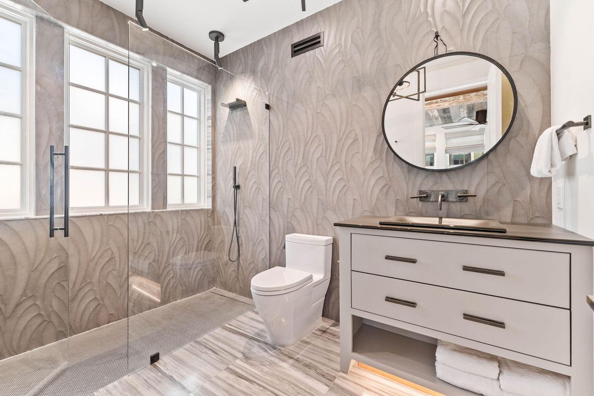 Bathroom, Glass Shower, Interior, Wood Texture Flooring
