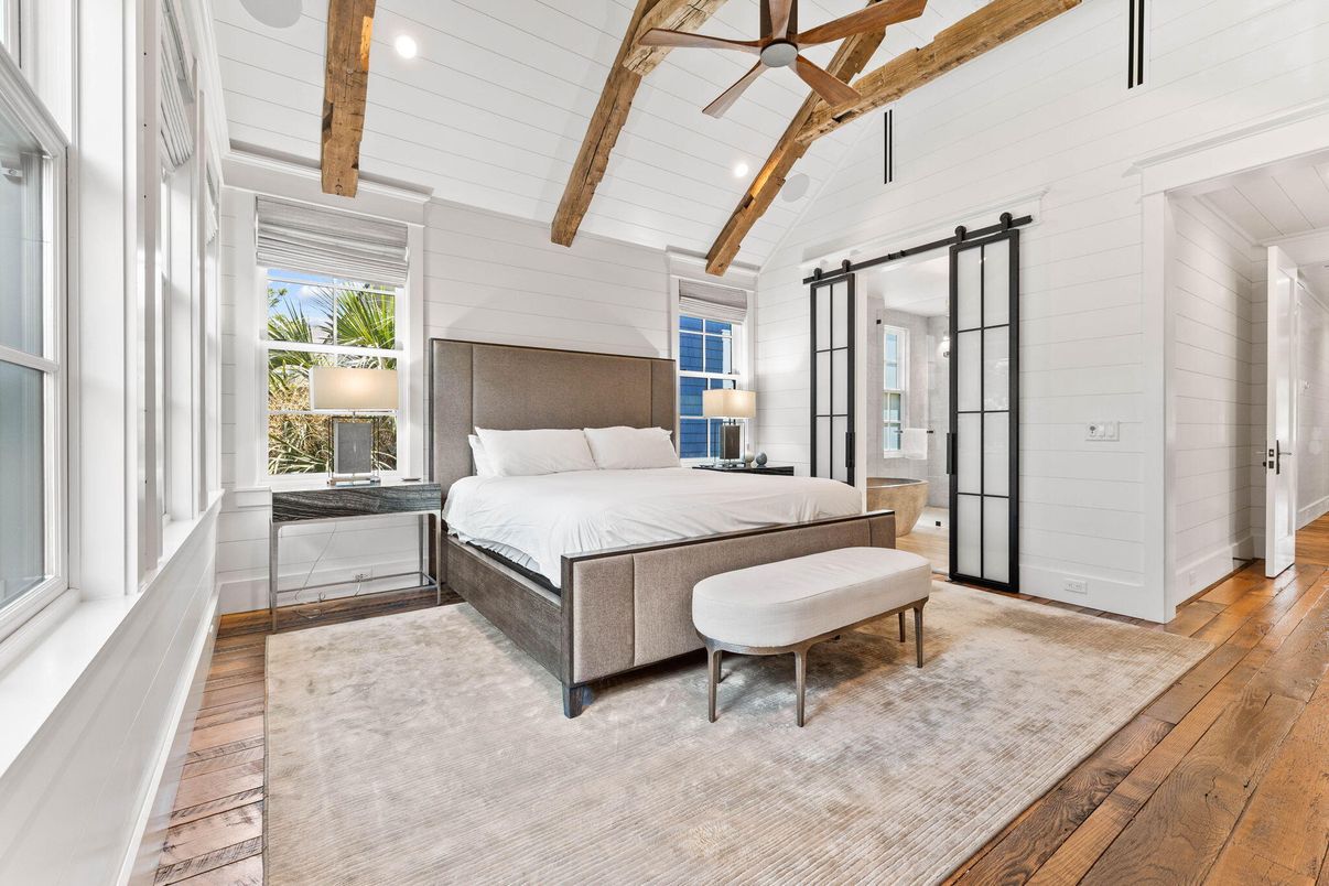 Bedroom, Interior, Recessed Lighting, Wooden Beams, Wood Texture Flooring