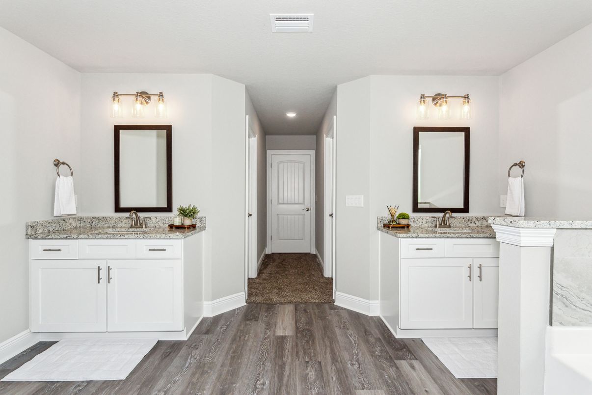 Bathroom, Dual Sink Vanities, Interior, Recessed Lighting, Wood Texture Flooring