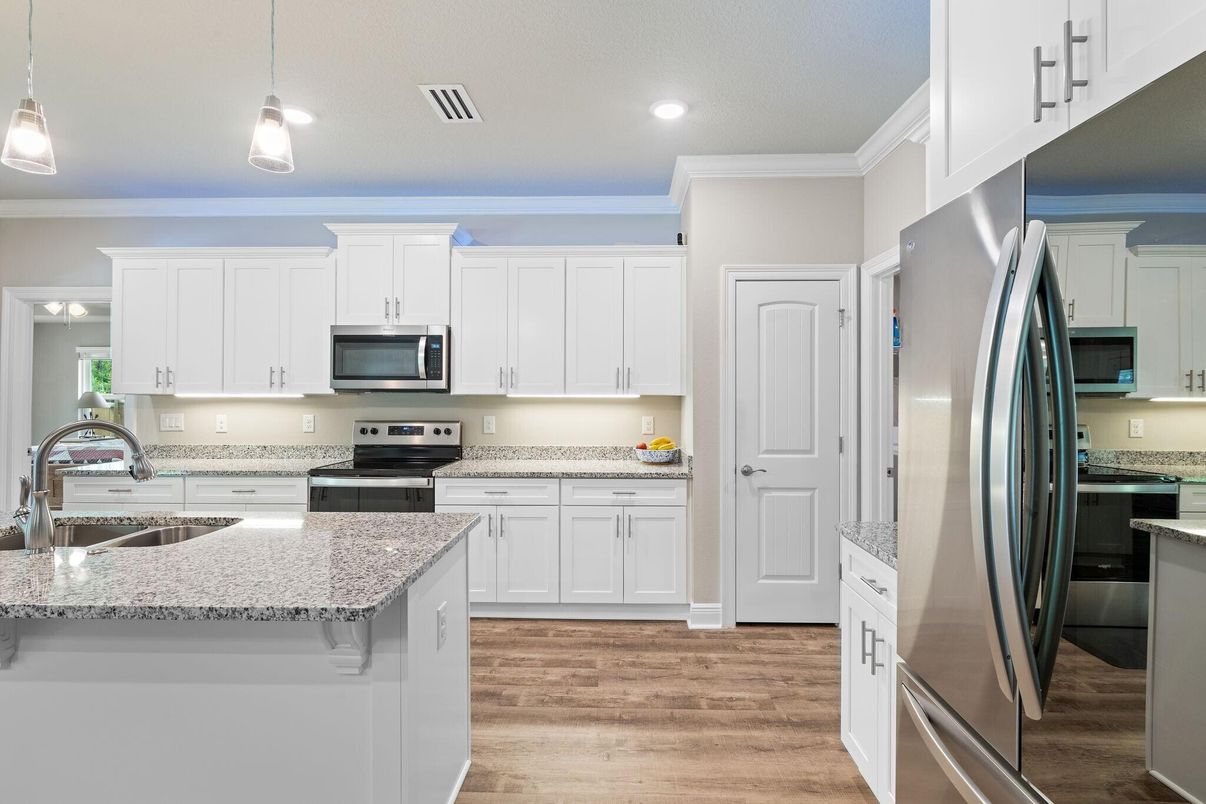 Interior, Kitchen, Pendant Lights, Recessed Lighting, Stainless Steel Appliances, Wood Texture Flooring