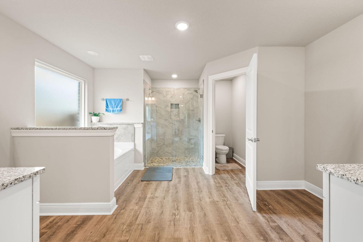 Bathroom, Glass Shower, Interior, Marble Walls, Recessed Lighting, Wood Texture Flooring