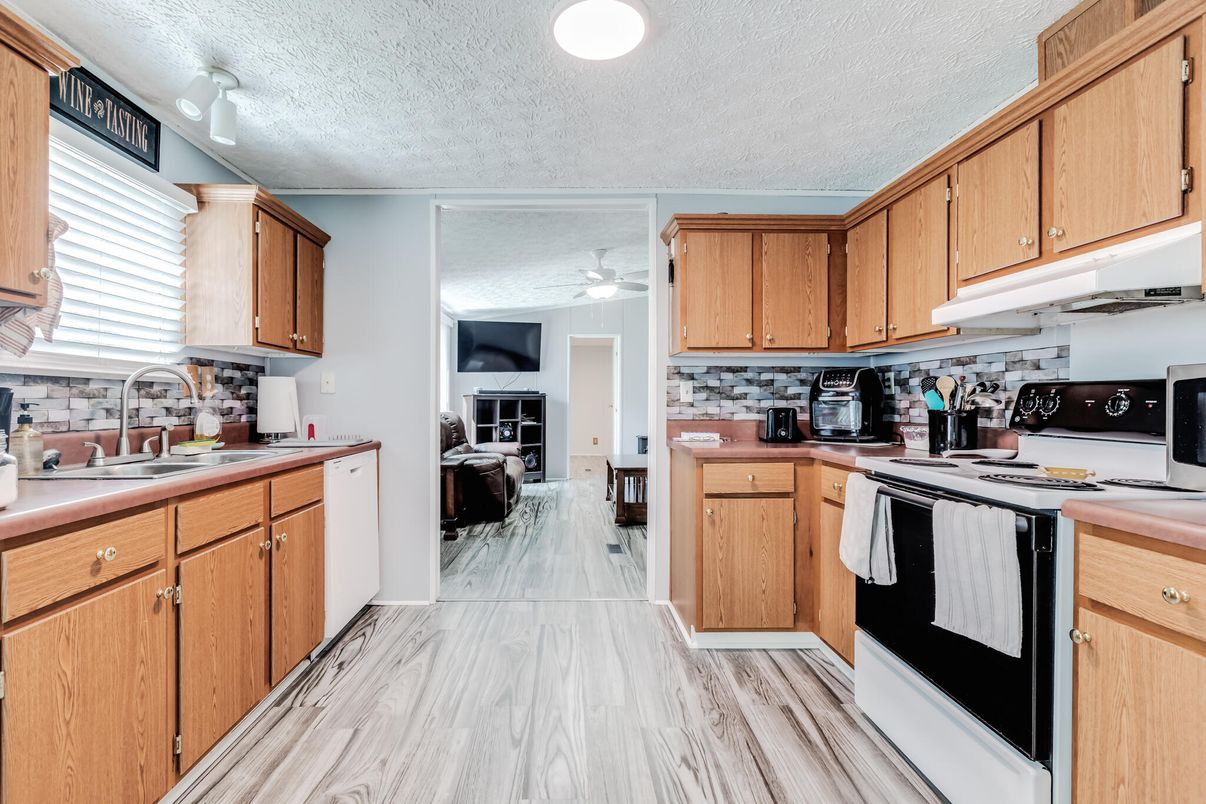 Interior, Kitchen, Marble, Recessed Lighting, Wood Texture Flooring