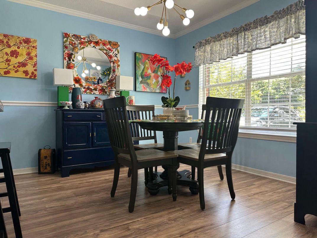 Dining room, Interior, Pendant Lights, Wood Texture Flooring