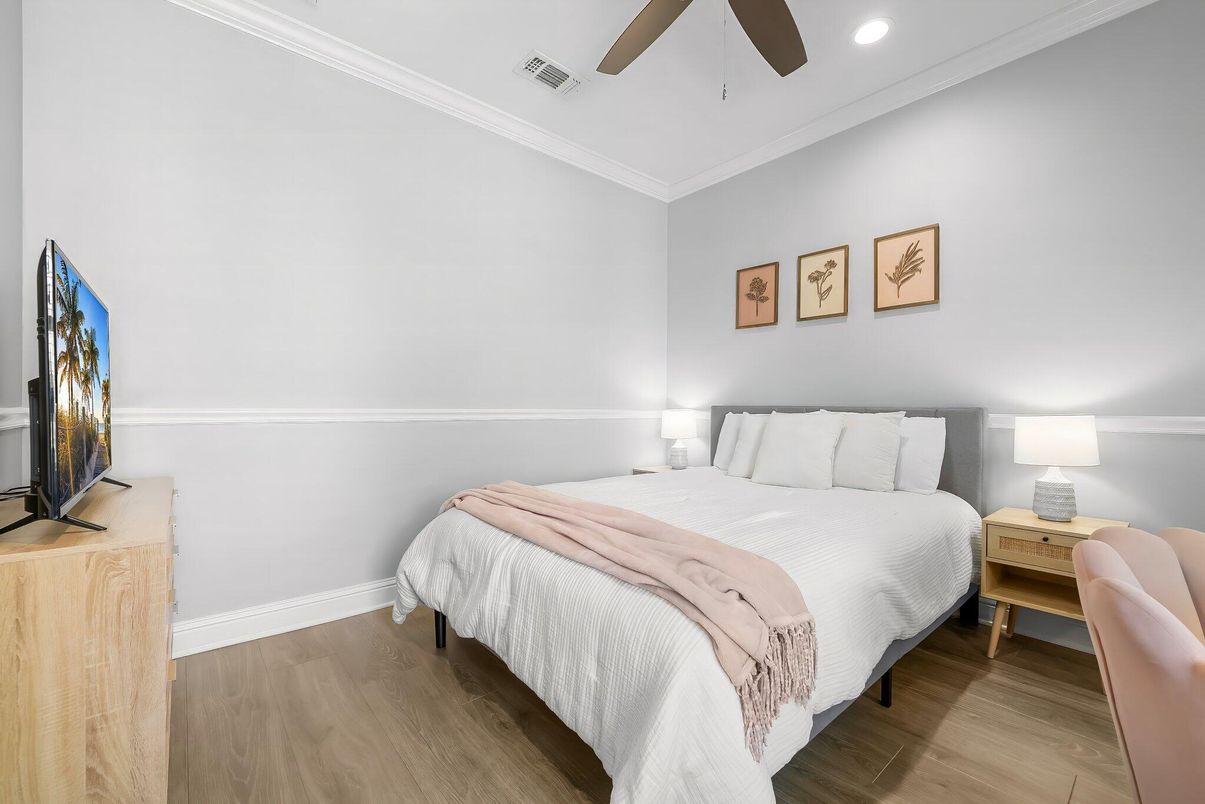 Bedroom, Interior, Recessed Lighting, Wood Texture Flooring
