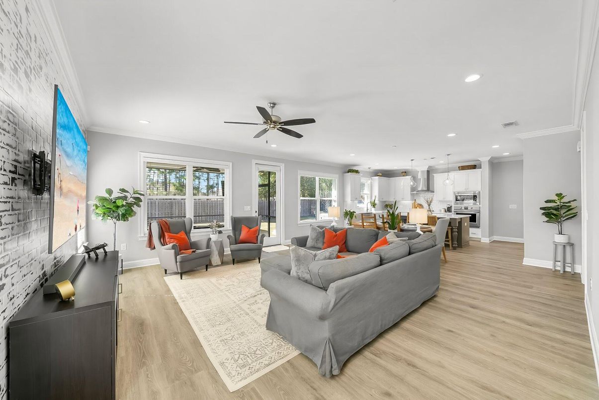 Interior, Kitchen, Living room, Recessed Lighting, Stainless Steel Appliances, Wood Texture Flooring