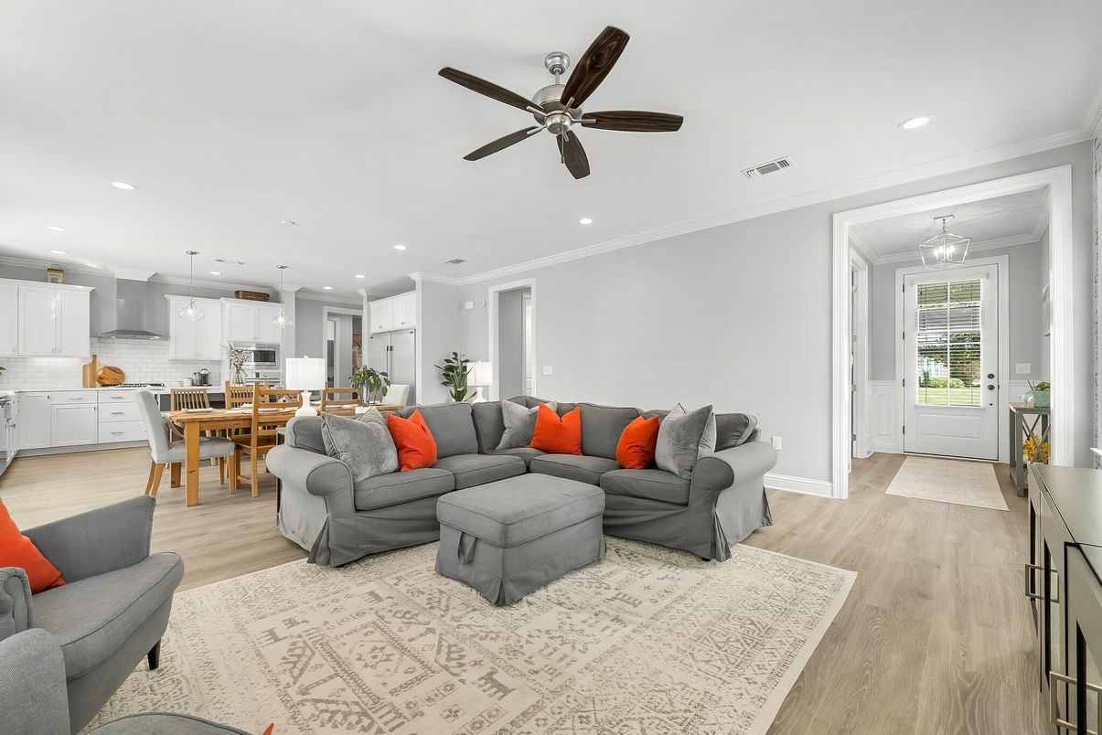 Dining room, Interior, Kitchen, Living room, Pendant Lights, Recessed Lighting, Wood Texture Flooring