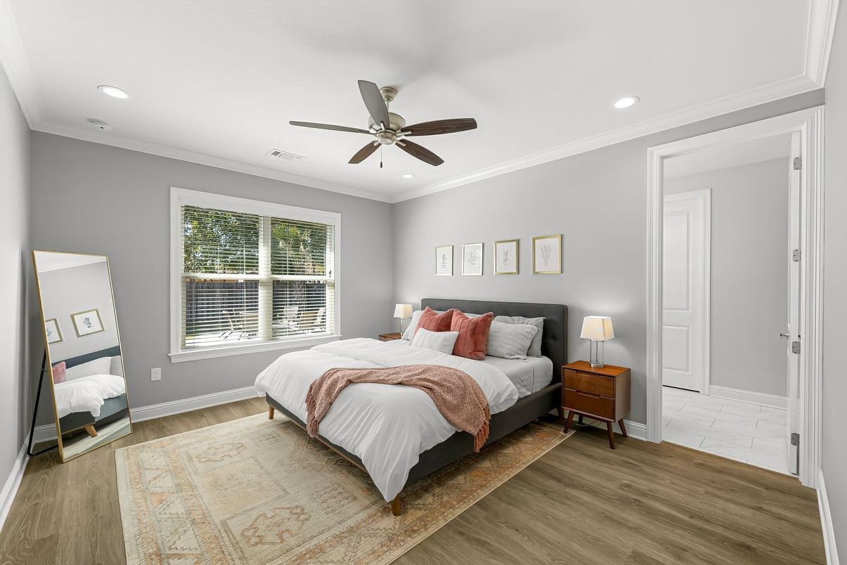 Bedroom, Interior, Recessed Lighting, Wood Texture Flooring