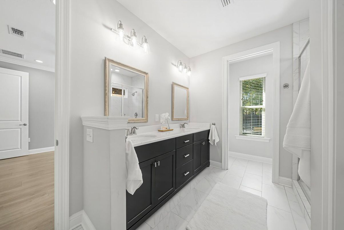 Bathroom, Dual Sink Vanities, Interior, Marble, Recessed Lighting, Wood Texture Flooring