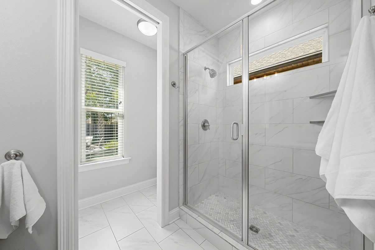 Bathroom, Glass Shower, Interior, Marble, Marble Walls, Recessed Lighting