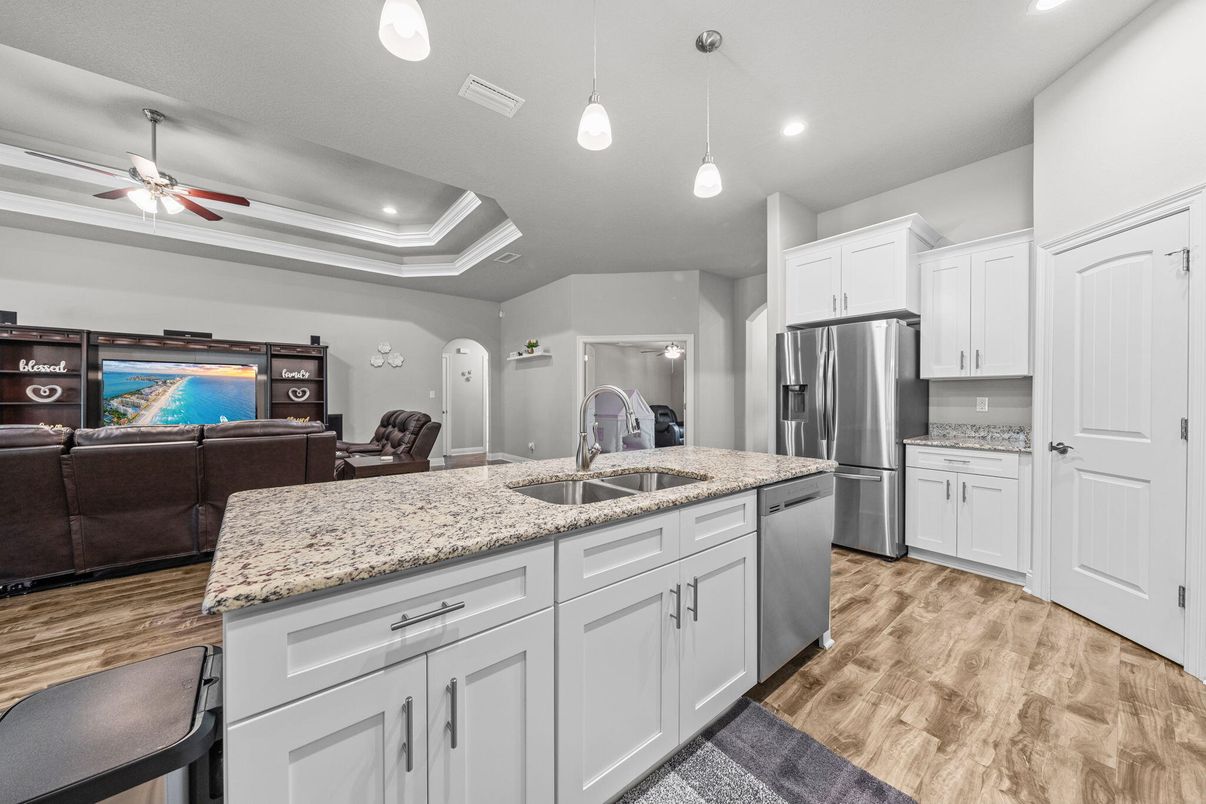 Interior, Kitchen, Living room, Pendant Lights, Recessed Lighting, Stainless Steel Appliances, Wood Texture Flooring