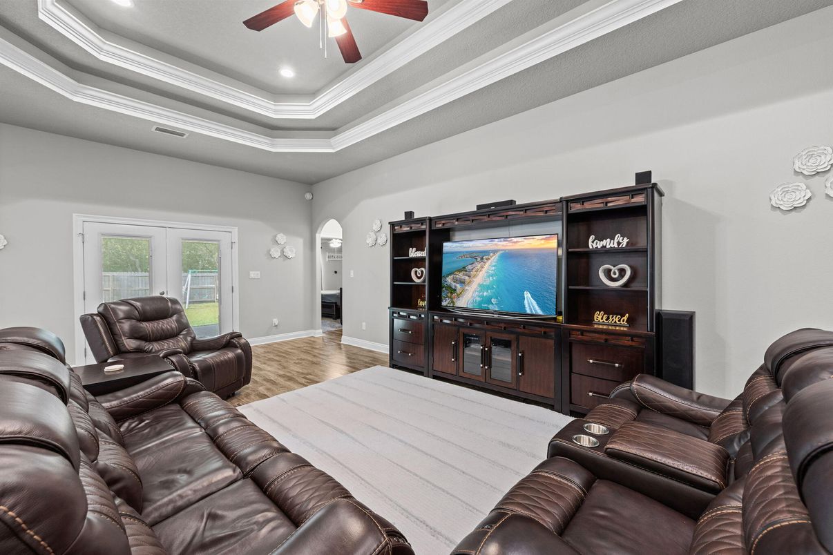 Home Theatre Room, Interior, Living room, Recessed Lighting, Wood Texture Flooring