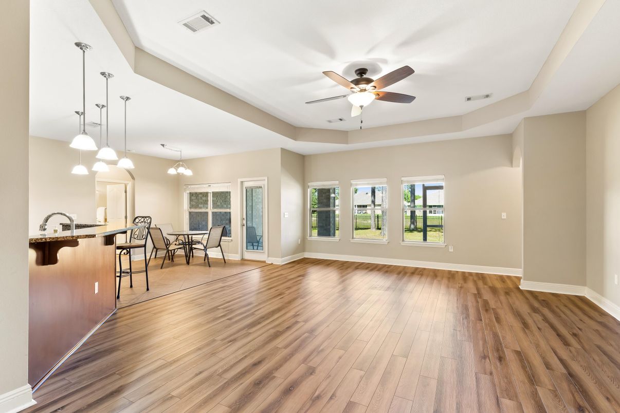 Dining room, Interior, Pendant Lights, Wood Texture Flooring